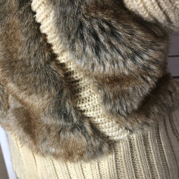 Vintage 90s Y2K Faux Fur vest warm wool brown beige cable knit with hood Sz S - Picture 12 of 12